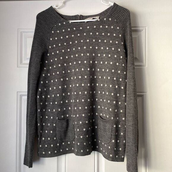 Loft Wool Blend Gray Crew Neck Polka dot Sweater Size Large - Picture 2 of 12